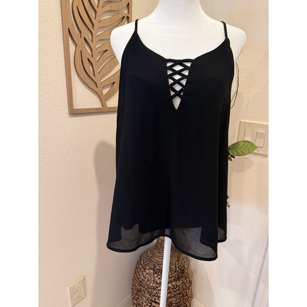 Naif Black Lace Up V-Neck Camisole Tank Top Med Adjustable Straps Chiffon DT3314